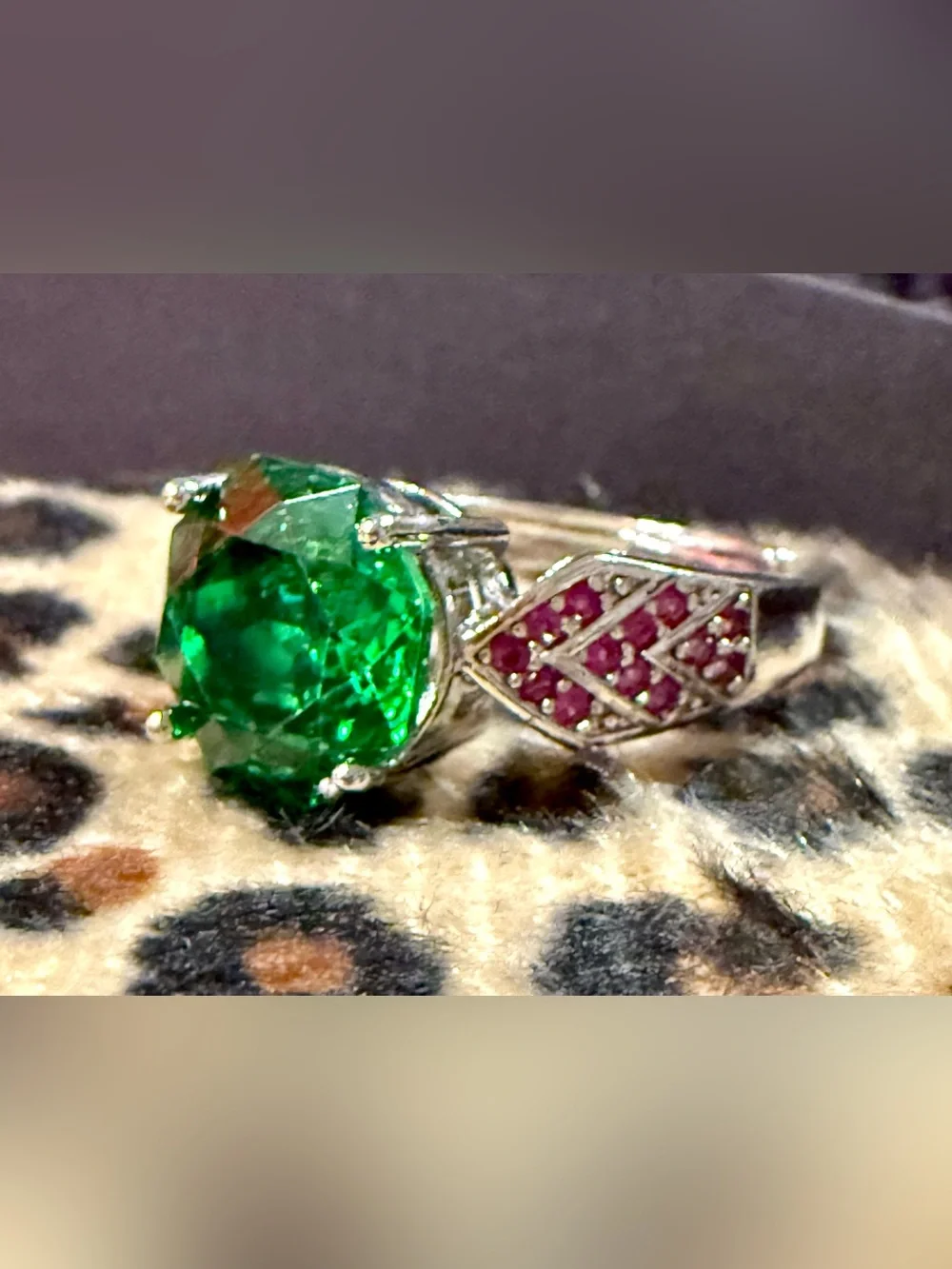 Green Crystal Floral Ring with Pink Accent Stones